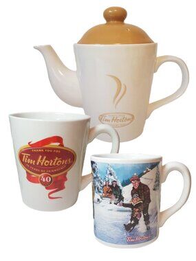 Lot of 3 Tim Hortons Teapot #003 Mug Skating Pond #004 Mug 40 Years Anniversary